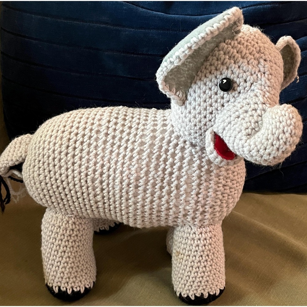 Vintage Crochet Handmade Amigurumi Elephant Plush Stuffed Animal Toy Gray
